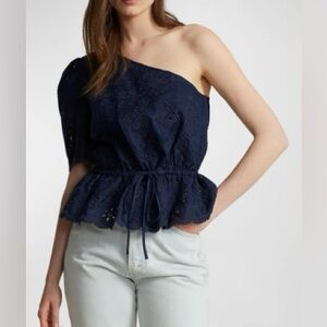 Polo Ralph Lauren Navy One-Shoulder Eyelet Linen Top NWOT